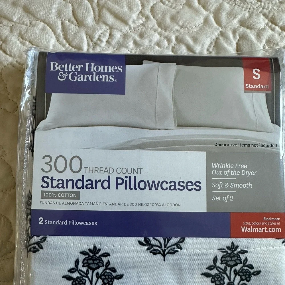 Better Homes Gardens Standard Pillowcases Floral White Black 300 TC‎ Set Of 2